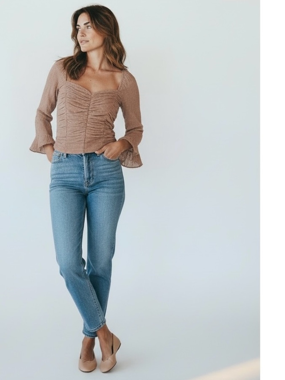 Ruched Mauve Brown Sweetheart Neckline Top